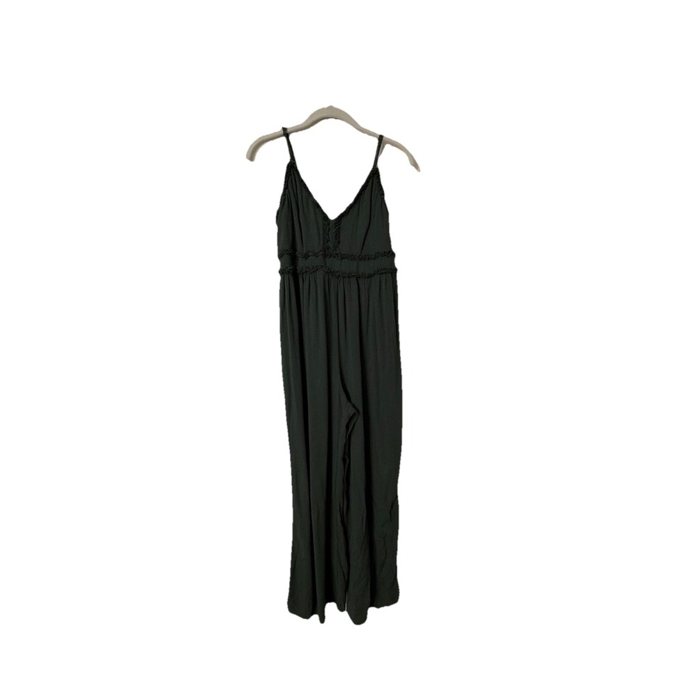 Blue Rain Sz L Babydoll Olive Green Wide Leg Romper Zipper Back Spaghetti Straps